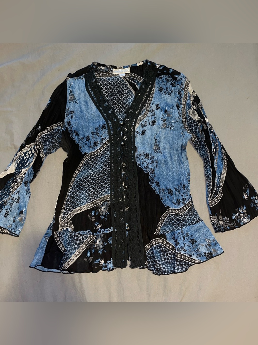 dressbarn Blue & Black Patchwork Button-Down Blouse